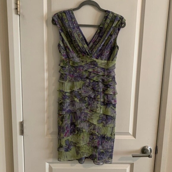 ADRIANNA Papell Womens Cocktail Dress Size 4 Purple Green Ruffle Sleevel… - Picture 1 of 9